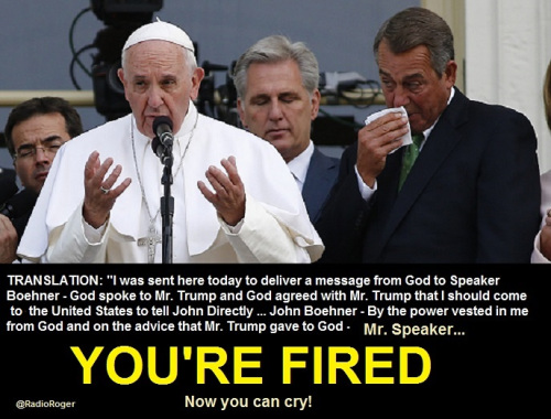 U.S. Speaker of the House John Boehner (R) wipes away tear as he listens to Pope Francis with House Majority Leader Kevin McCarthy (C) from the Speaker's Balcony after concluding his address before a joint meeting of the U.S. Congress on Capitol Hill in Washington September 24, 2015. REUTERS/Carlos Barria - RTX1SA9P