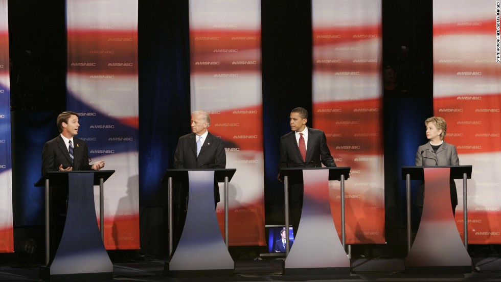 From left, former Sen. John Edwards, Biden, Obama and Sen. Hillary Clinton at a debate of Democratic presidential candidates on April 26, 2007, in Orangeburg, South Carolina.