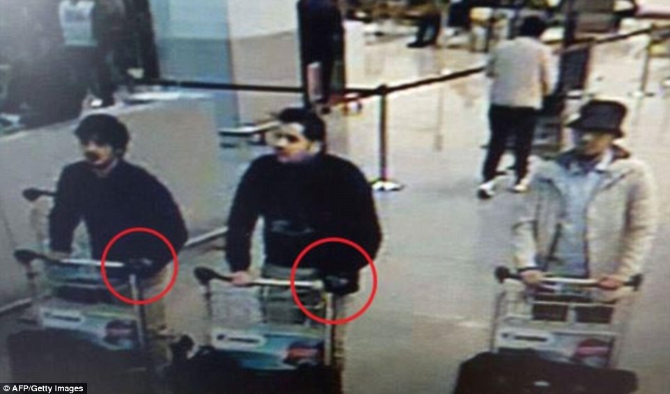 First picture: Belgian bomber Ibrahim El Bakraoui, centre, and a mystery fourth bomber, left, both wearing black gloves to hide their suicide bomb triggers, killed 14 at Brussels airport - their accomplice the 'Man in White' Laachraoui, right, walked out of the airport after leaving a suitcase bomb that never went off