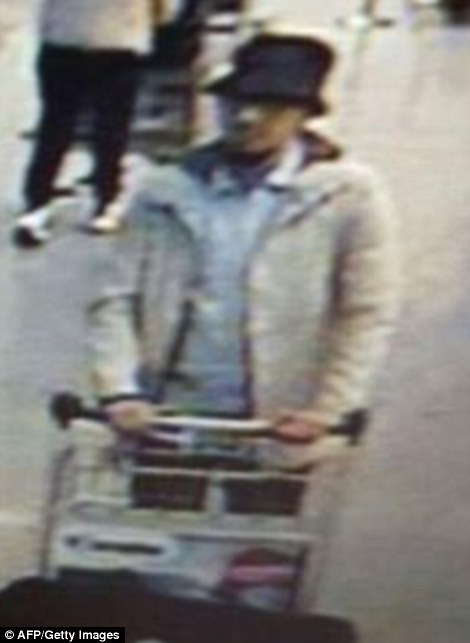 First picture: Belgian brothers Khalid El Bakraoui, left, Ibrahim El Bakraoui, centre, have been named by the Belgian media as the two airport suicide bombers - their accomplice the 'Man in White' Laachraoui, right, walked out of the airport