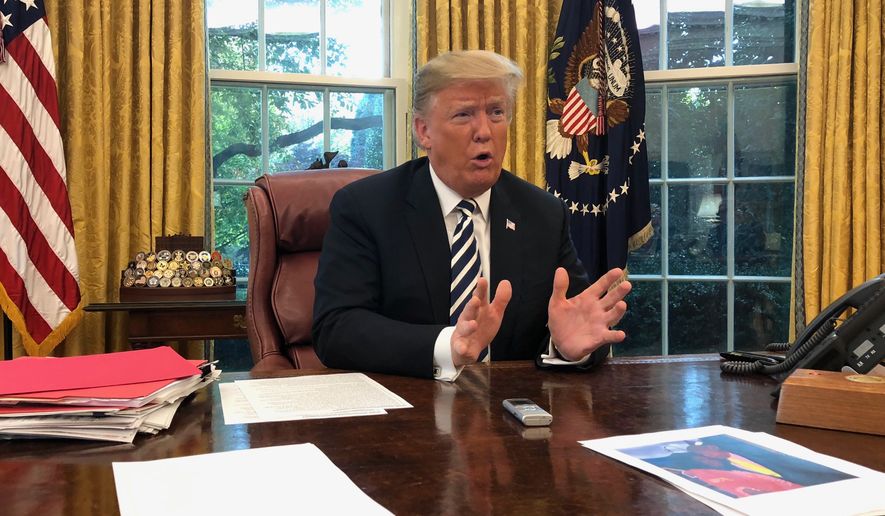 "Pelosi says she's going to mechanize the speakership and use it as a great negotiation with the president. That's an illegal statement," Mr. Trump said in an exclusive interview with The Washington Times. (Dave Boyer/The Washington Times)