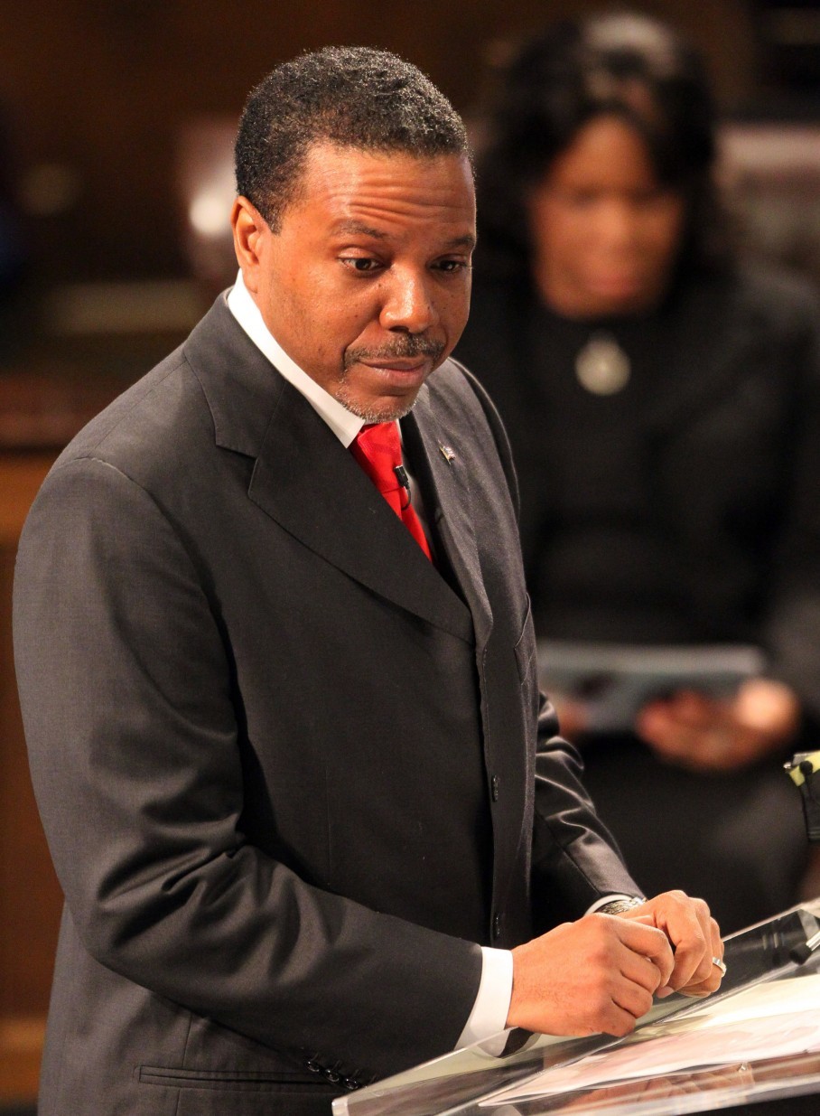 FILE - In this Feb. 7, 2007, file photo, megachurch pastor Creflo Dollar speaks during funeral services for HERO driver Spencer Pass at World Changers Church International in College Park, Ga. . (AP Photo/Atlanta Journal-Constitution, Phil Skinner, File)