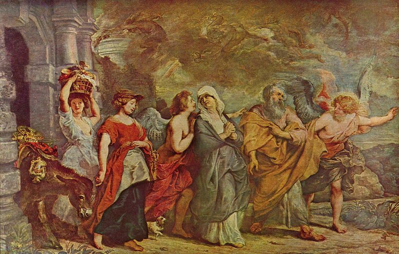 Lot and his family fleeing from Sodom and Gomorrah during its construction
